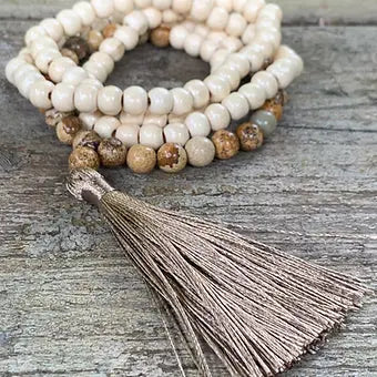 108 Bead Wooden Mala Necklace with Long Light BrownTassel - My Store