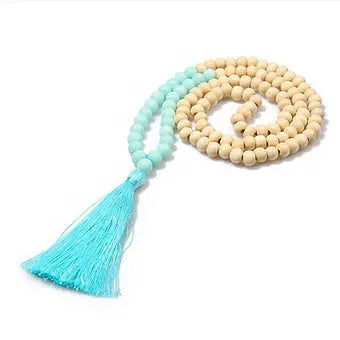 108 Bead Wooden Mala Necklace with Long AquaTassel - My Store